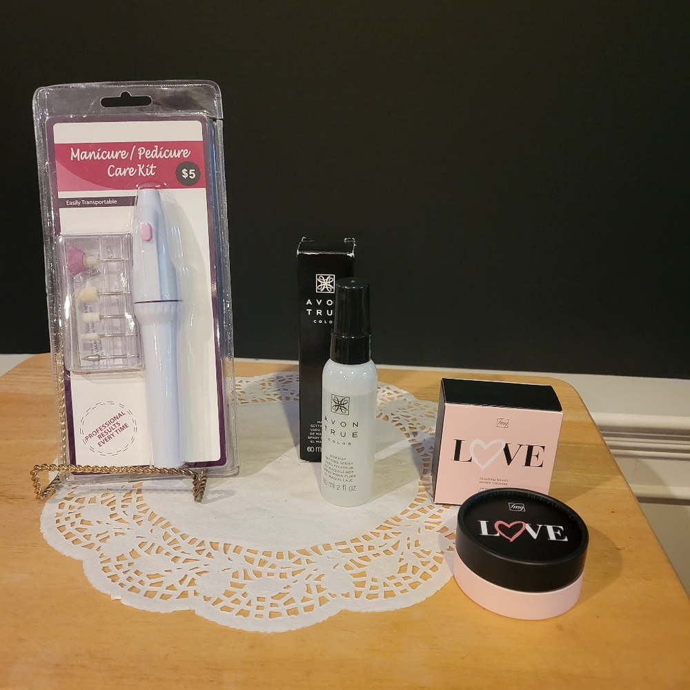 Mixed Lot Beauty Items Mani/Pedi, Powder Blush, Makeup Setting Spray.